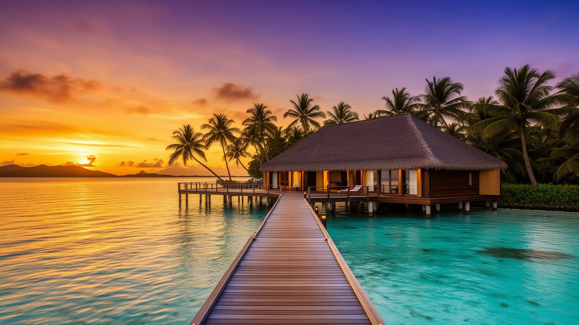 Vanua Resort overwater bungalows at sunset